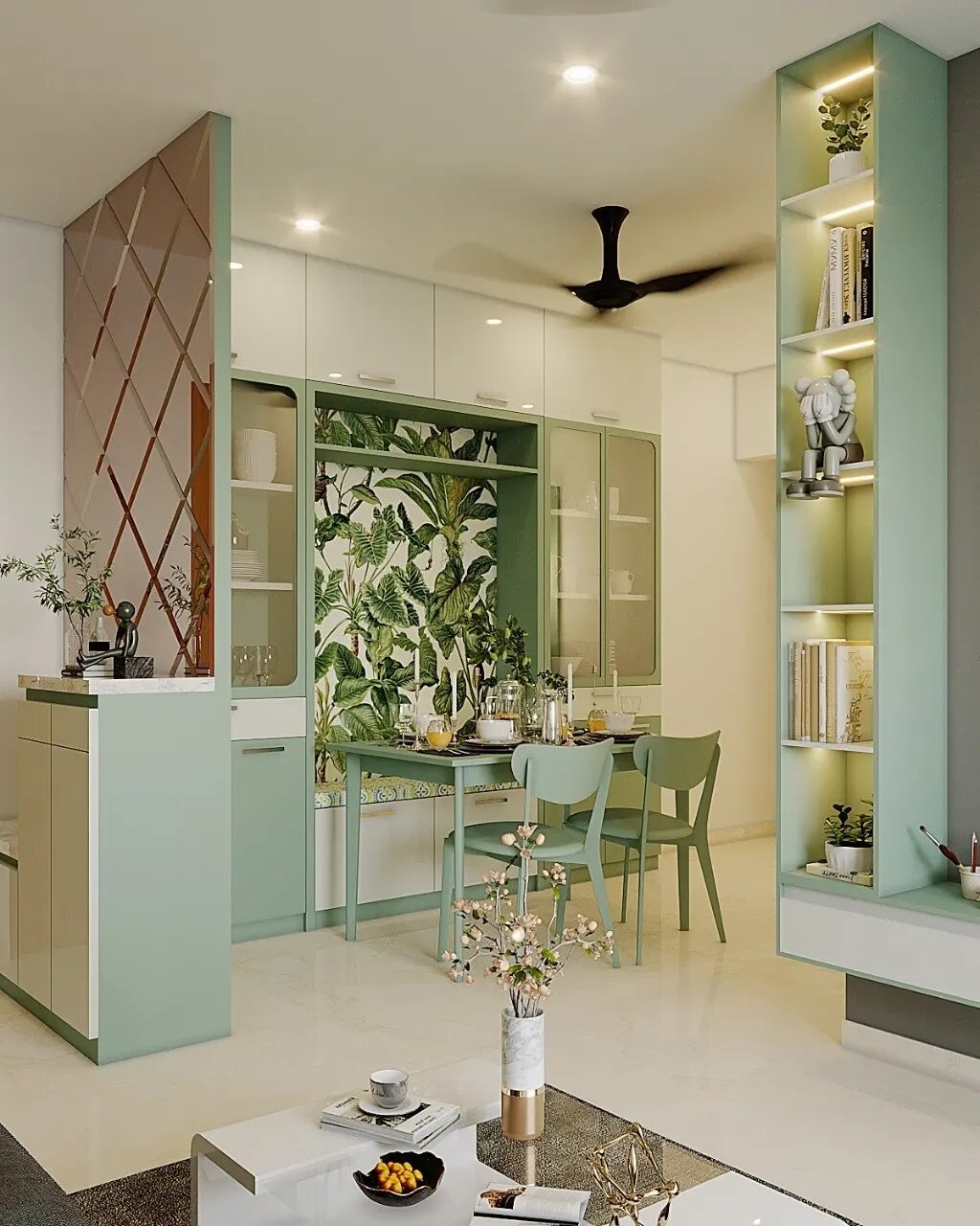 Dining Banquette & Bronze Mirror Divider