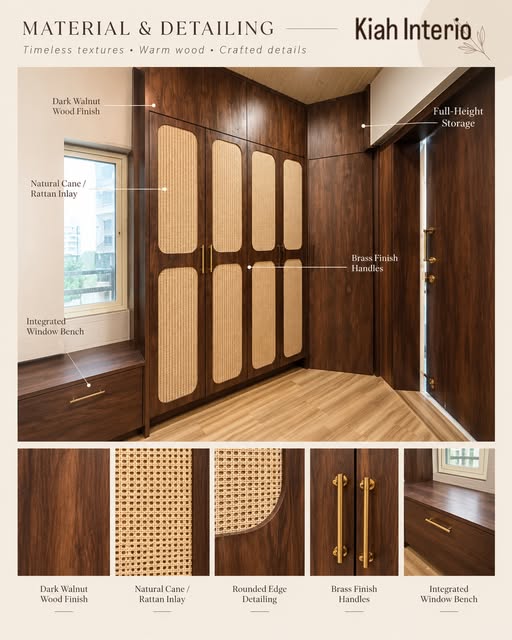 Kiah Interio Material & Detailing study showing dark walnut wood, natural cane, and brass hardware